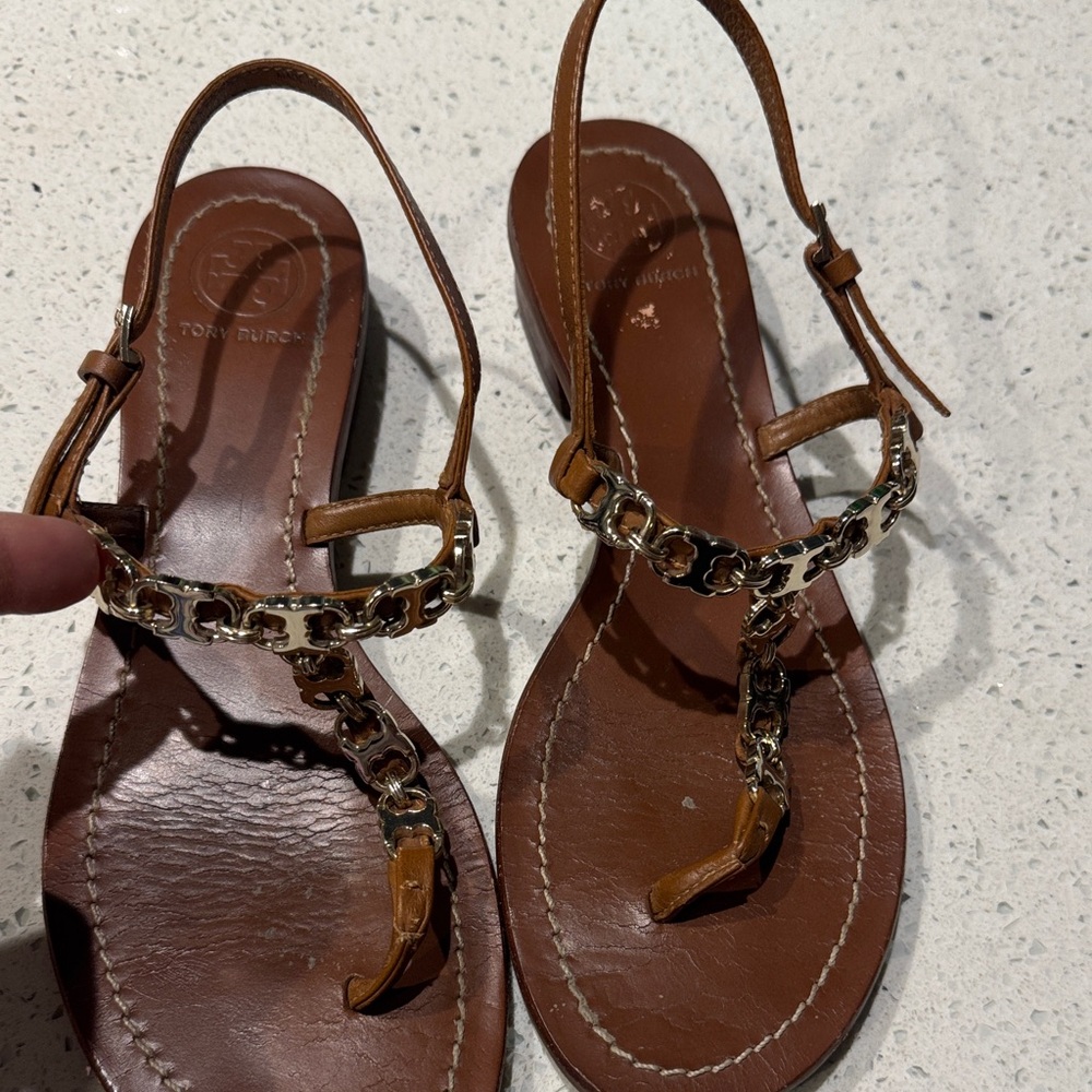 Tory Burch Tan Leather Sandals with Gold Chain